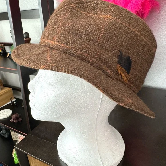 Vintage Irish Brown Tweed Plaid Hat with Feather